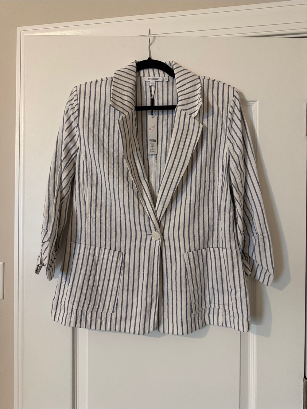 Chico's Cream and Navy Striped Single-Button Blazer